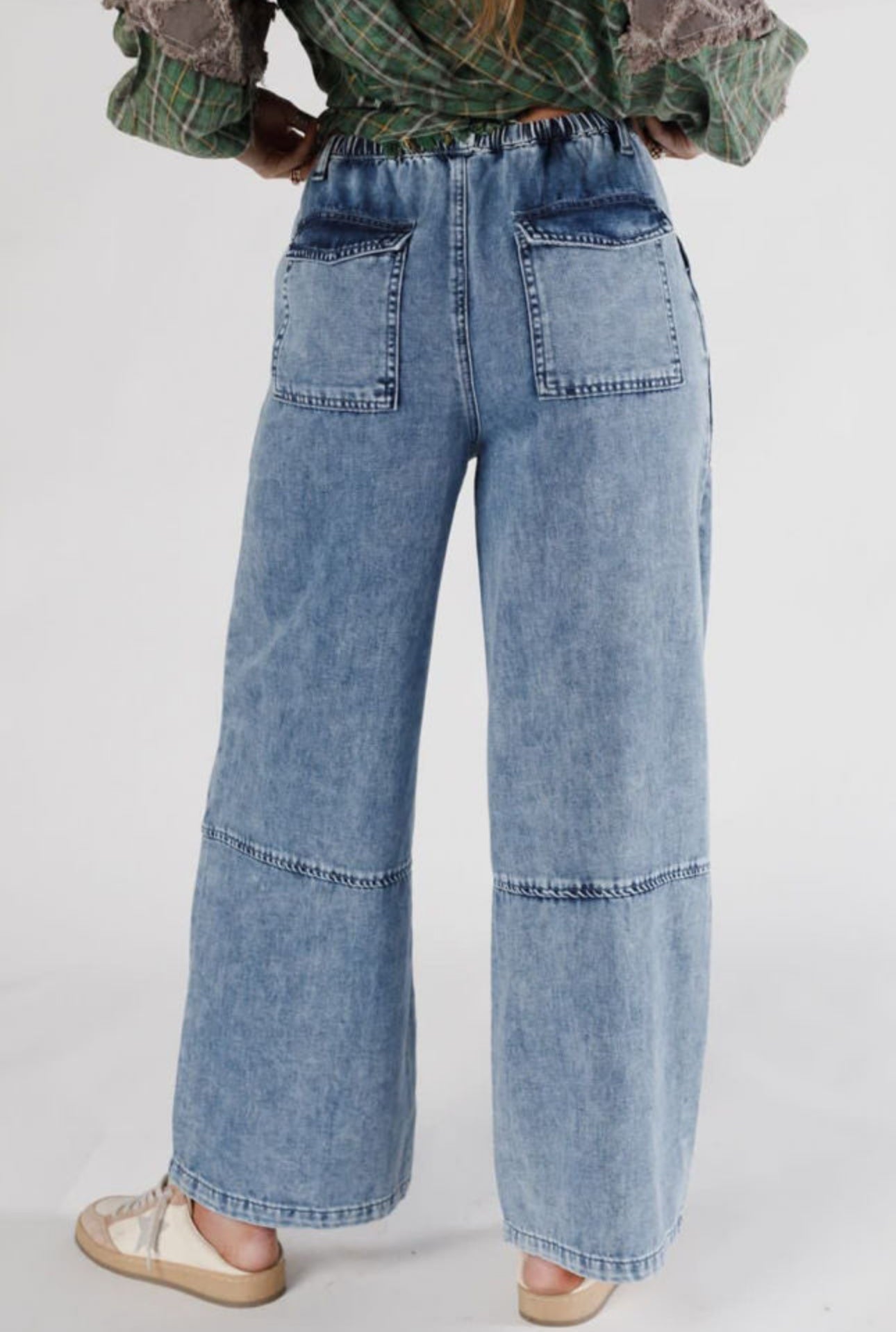 Blue acid wash drawstring denim