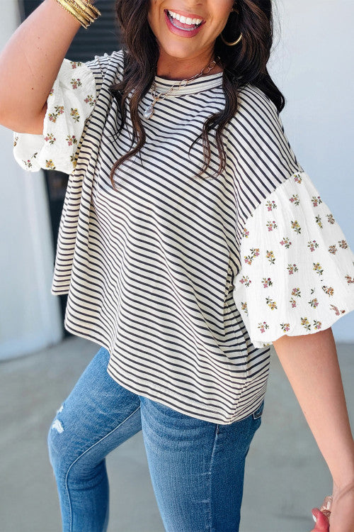 Leila striped floral puff sleeve top