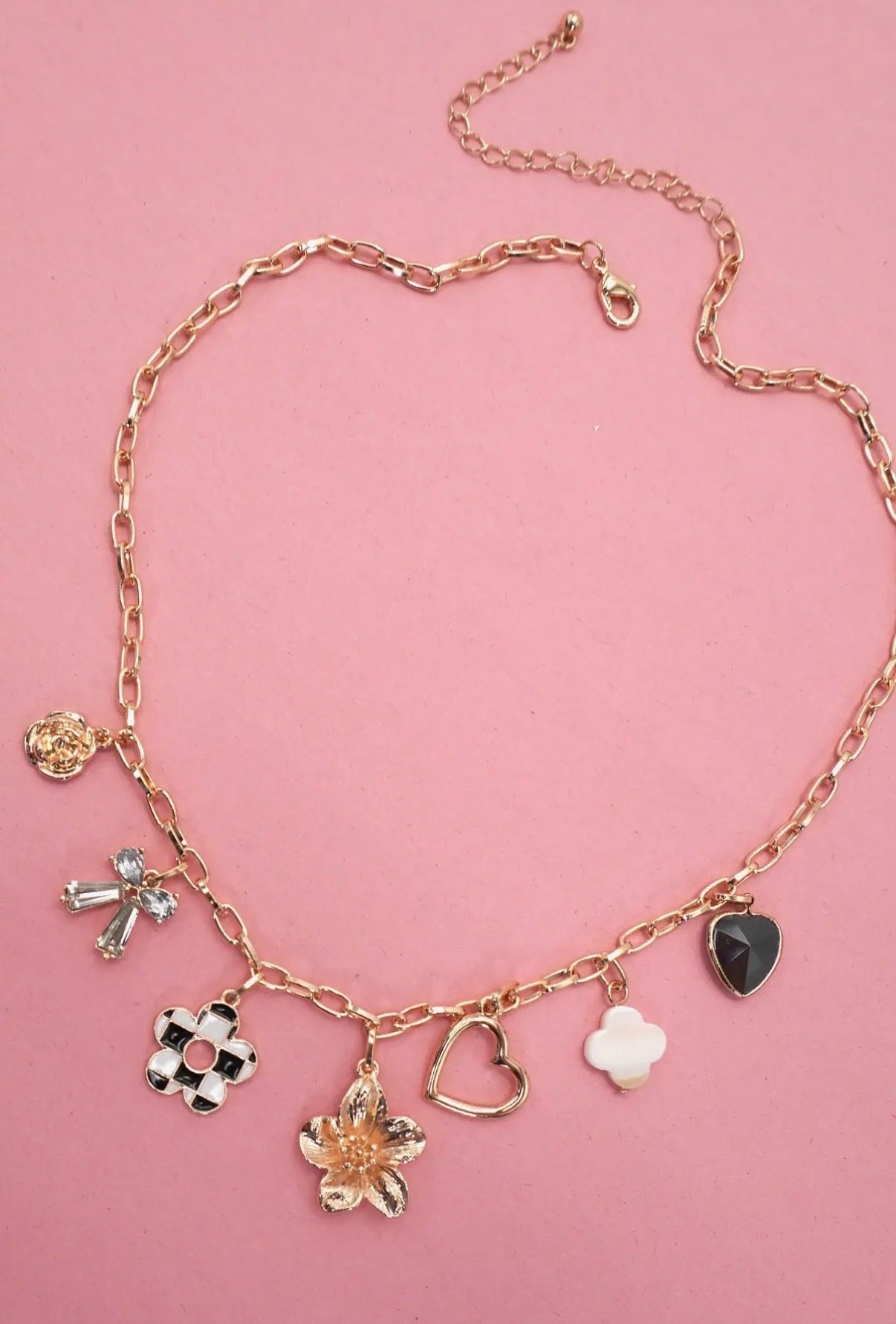 CHARM NECKLACE-BOW CHECKER HEART RHINESTONE