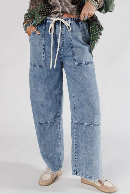 Blue acid wash drawstring denim