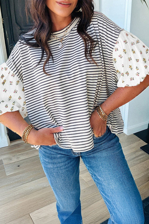 Leila striped floral puff sleeve top