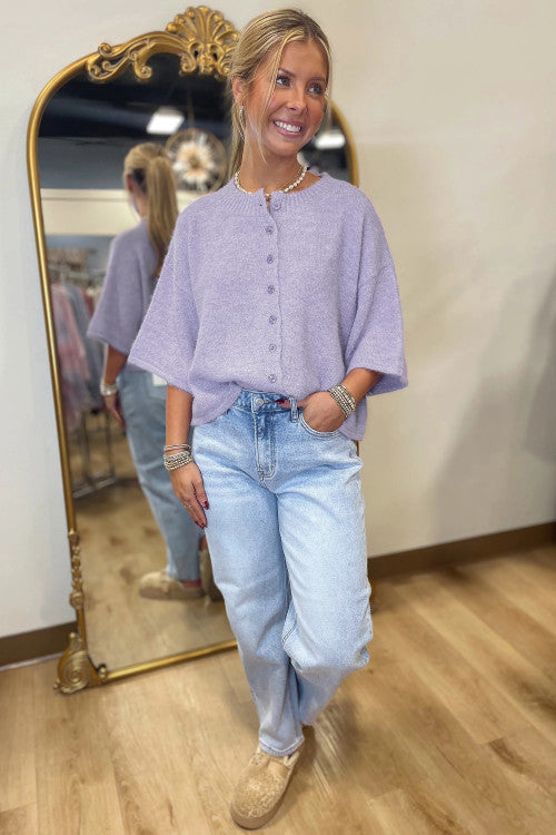 Lavenderella button down short sleeve sweater top