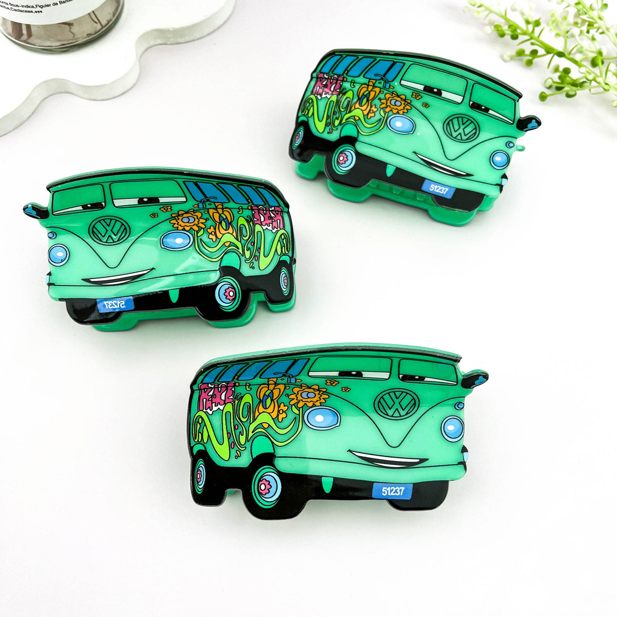 Floral Cartoon Bus Acrylic Hair Claw Clip – Green